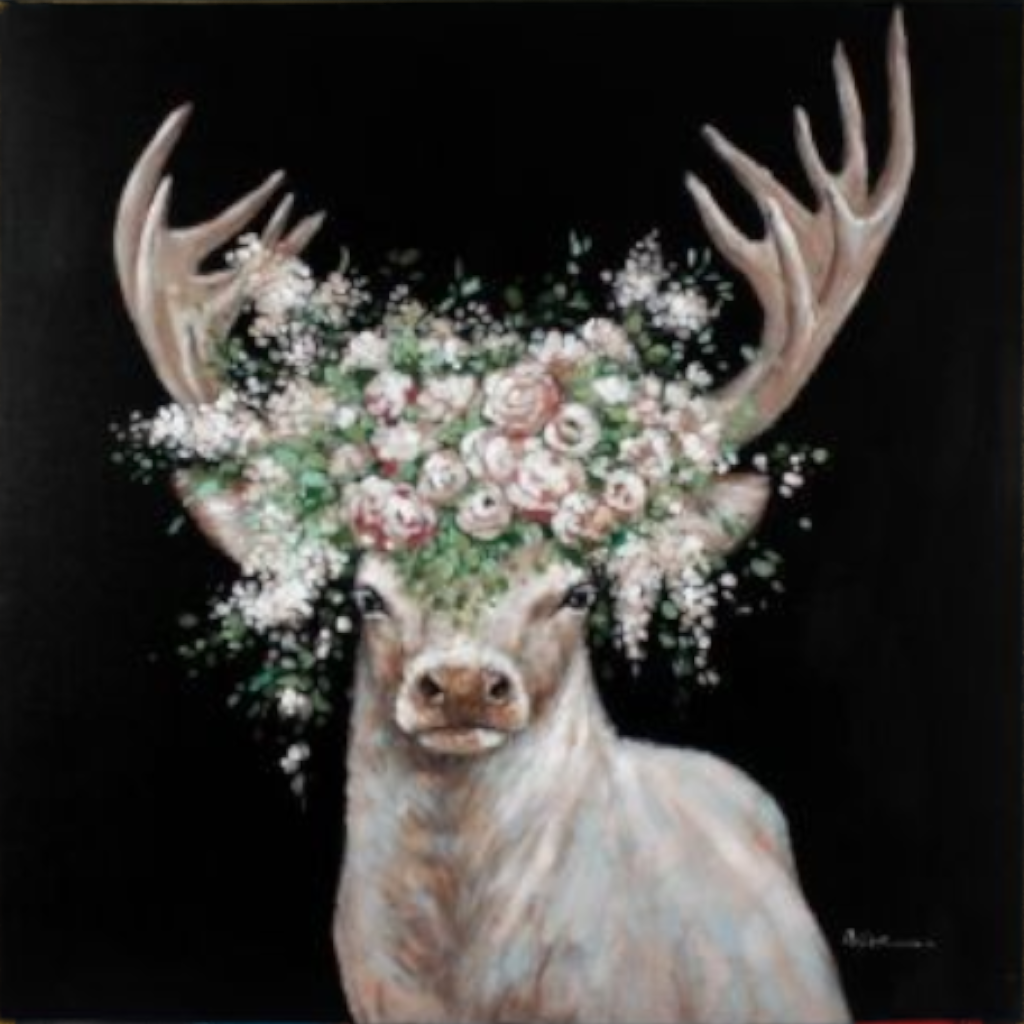 Gemälde "Hirsch mit Blumenkranz", 100x100cm